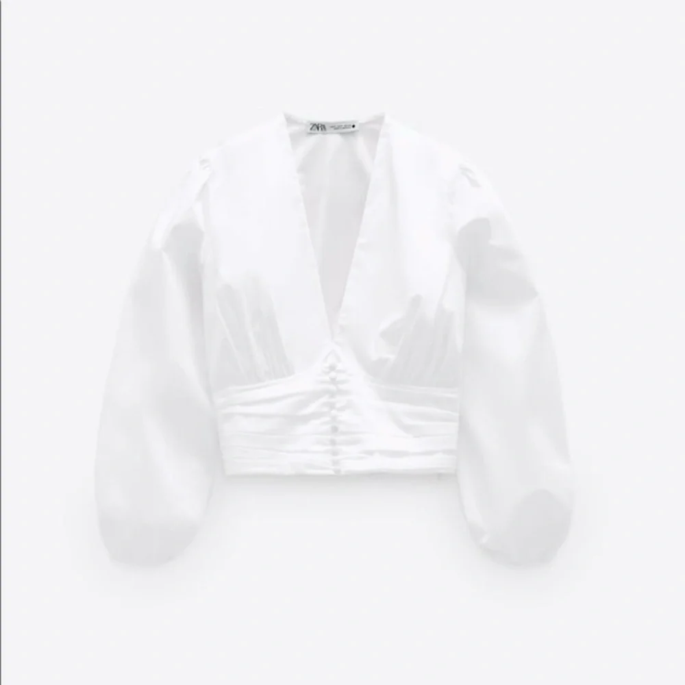 Zara White Button-Front Deep V Blouse